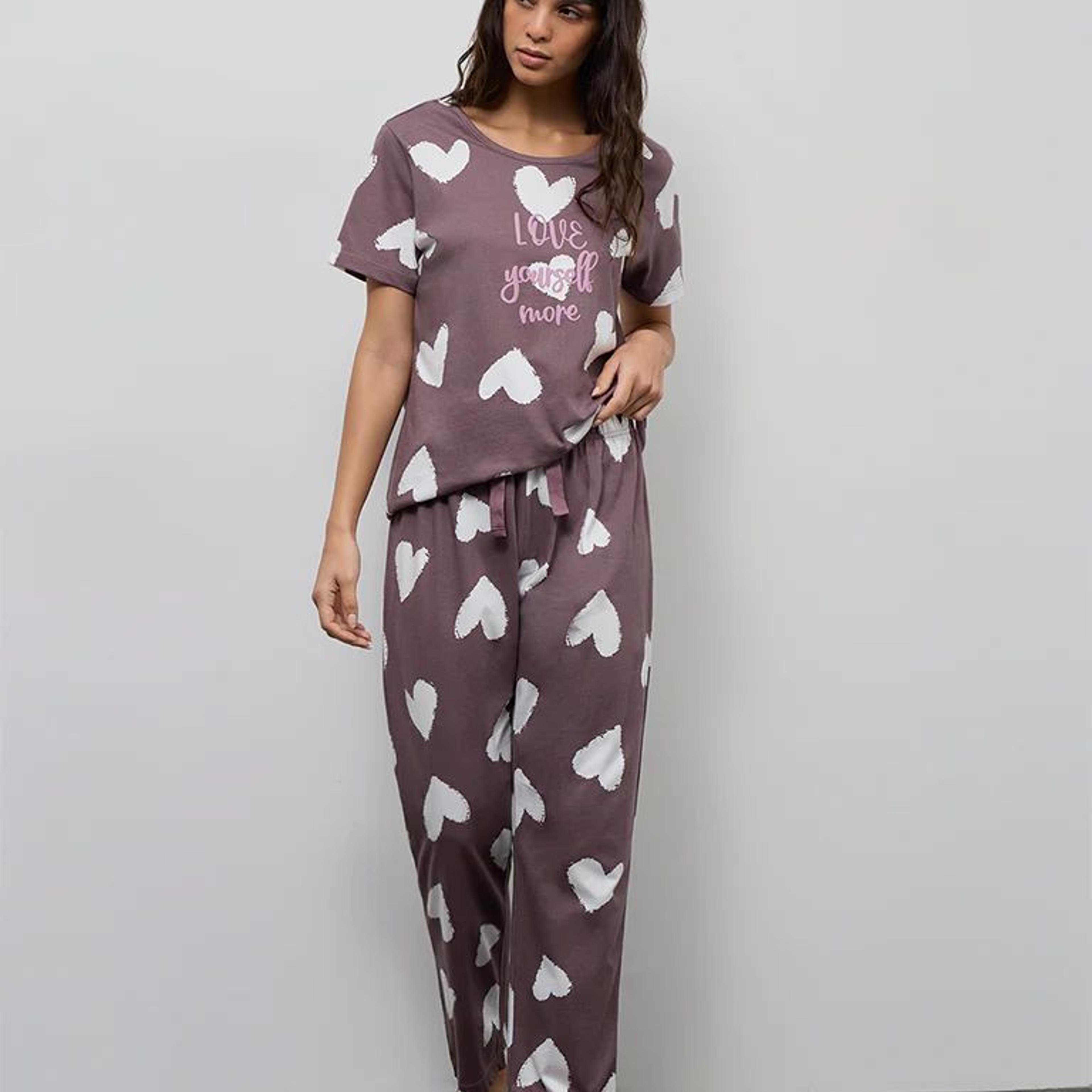 Wunderlove Brown Heart Printed Cotton T-Shirt with Pant Set
