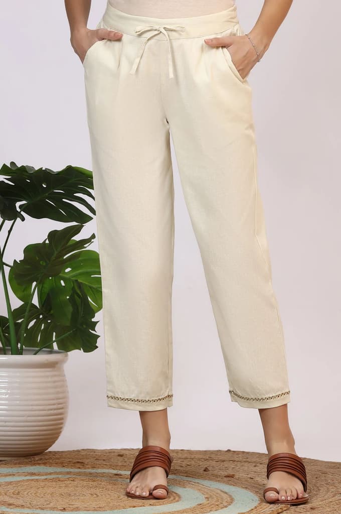 Off-White Solid Cotton Flax Straight Pants with Embroidered Hemline — photo 2