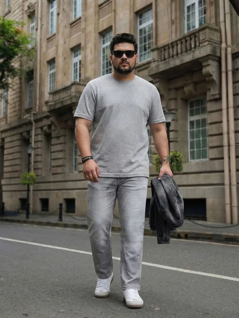Plus Men's Ice Grey Straight Fit Heavy Washed Faded Denim Jeans Stretchable — photo 4
