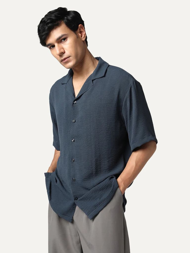 Men's Steel Cotton Half Sleeve Relaxed Fit Textured Shirt with Cuban Collar — photo 2