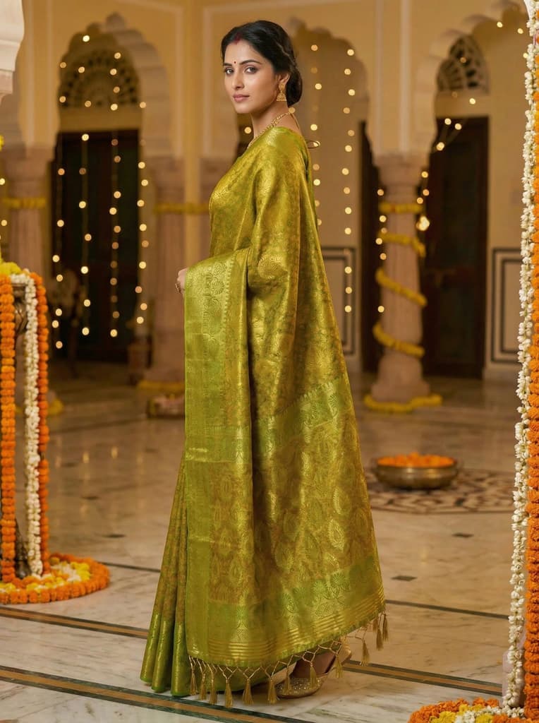 MIMOSA Women's Woven Design Kanjivaram Style Art Silk Saree with Blouse Piece - Olive ( SA00003144OLFREE ) — photo 3