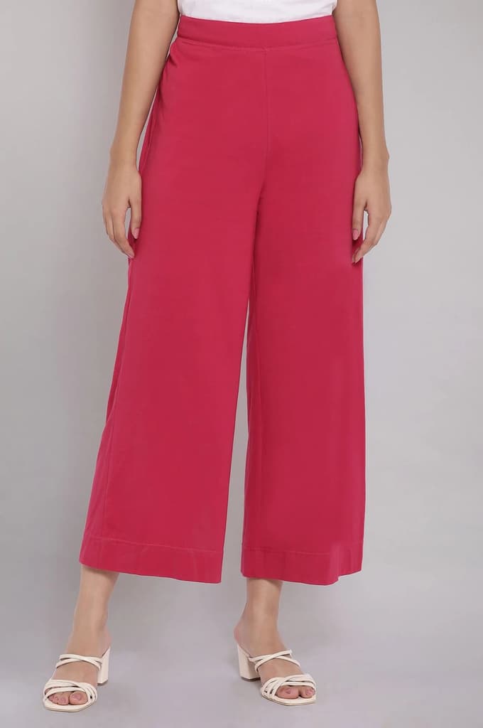 Red Solid Straight Fit Cotton Palazzo With Elasticated Waist