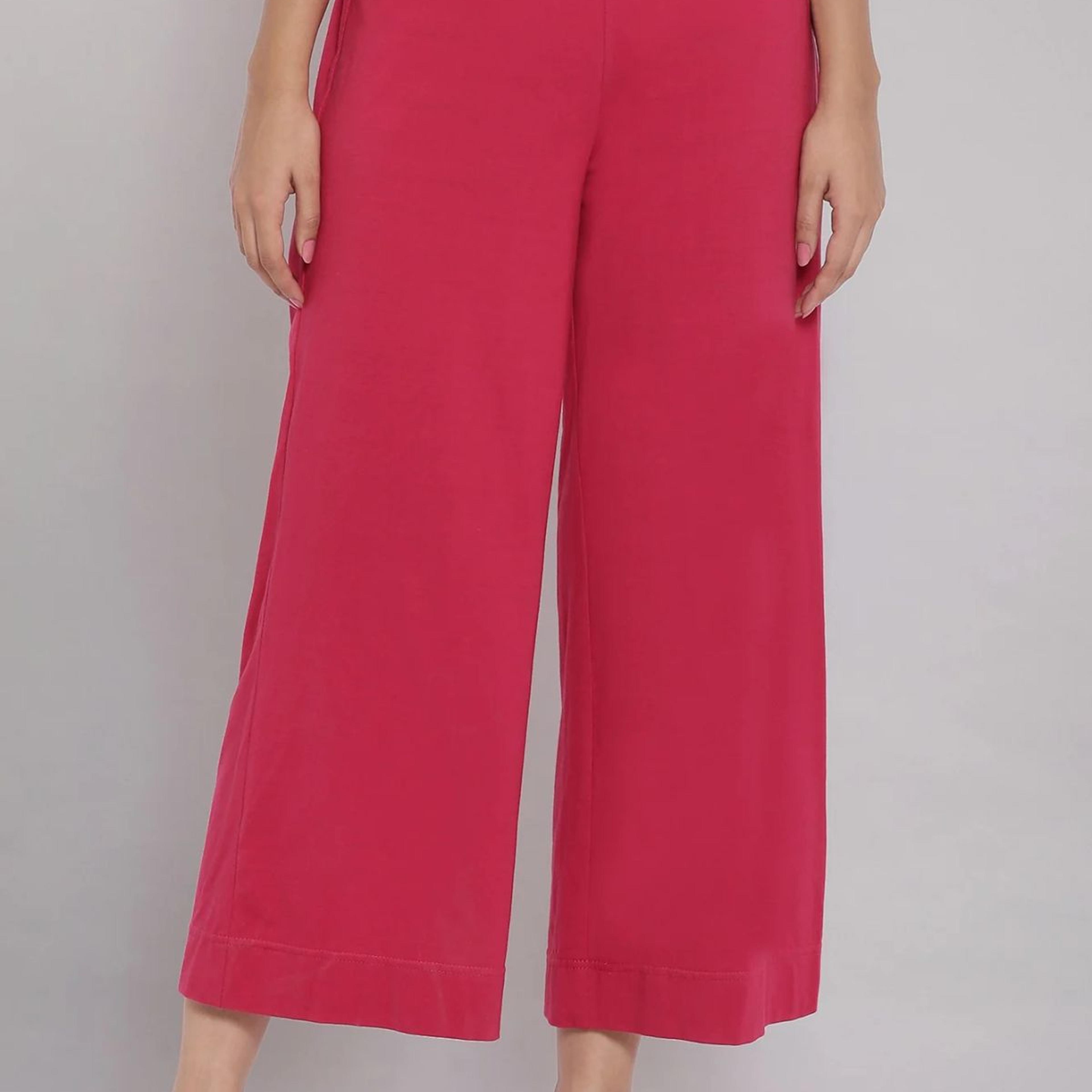 Red Solid Straight Fit Cotton Palazzo With Elasticated Waist