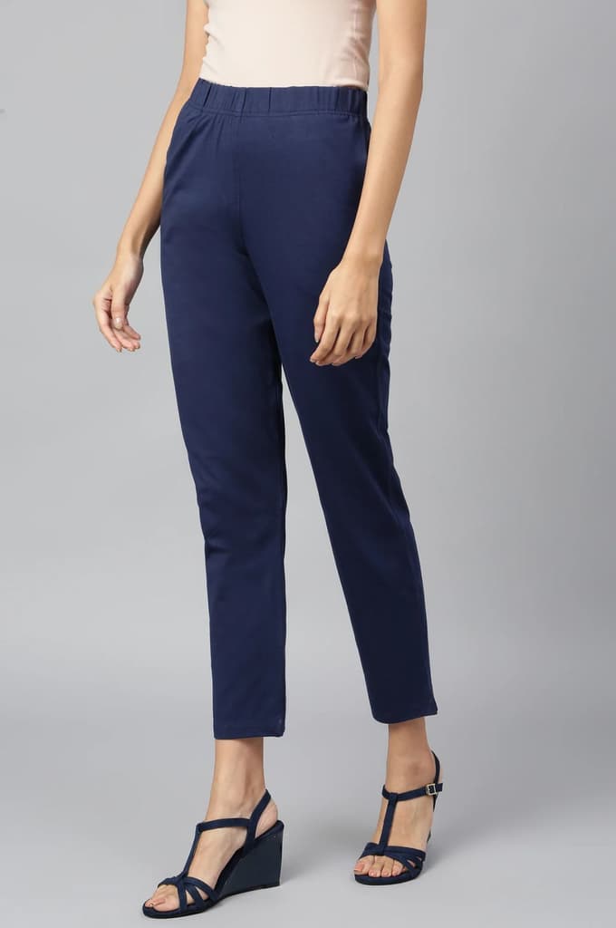 Navy Blue Solid Flared Cotton Pants With Elasticated Waist — photo 2