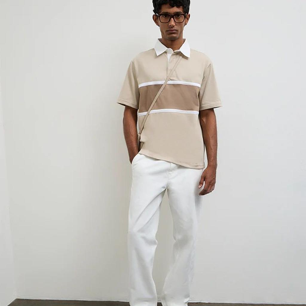 WES Casuals Beige Relaxed-Fit Cotton-Blend Polo T-Shirt