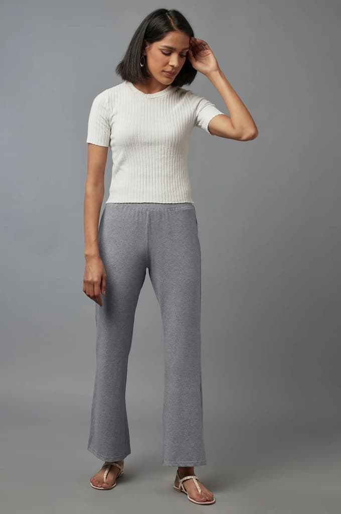 Grey Solid Flared Cotton Pants With Slip On Closure — photo 9
