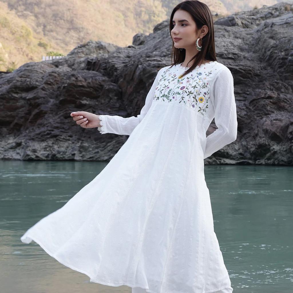 White Floral Embroidered Yoke Pure Cotton Anarkali Kurta