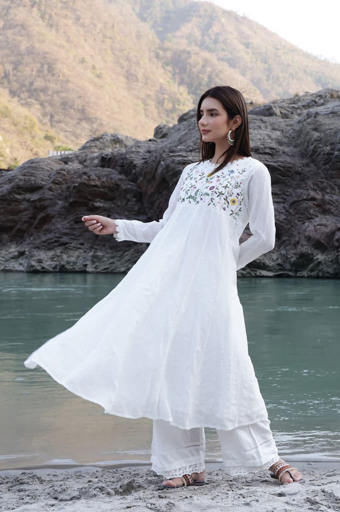 White Floral Embroidered Yoke Pure Cotton Anarkali Kurta