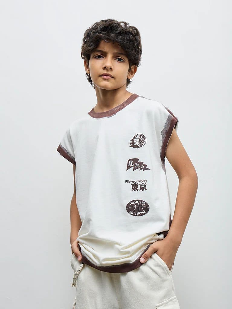 Y&F Kids Boys Off-White Printed Cotton T-Shirt — photo 2