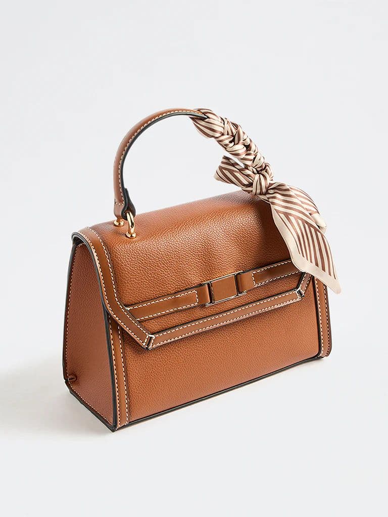 Westside Brown Textured Satchel Bag with a Scarf — photo 2