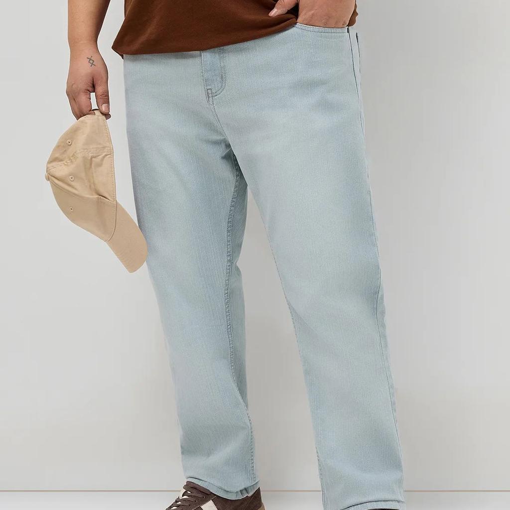 Plus Men's Ice Grey Straight Fit Washed Denim Jeans Stretchable