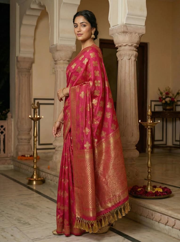MIMOSA Women's Woven Design Mysore Silk Style Crepe Saree with Blouse Piece - Rani ( SA00003122RNFREE ) — photo 3