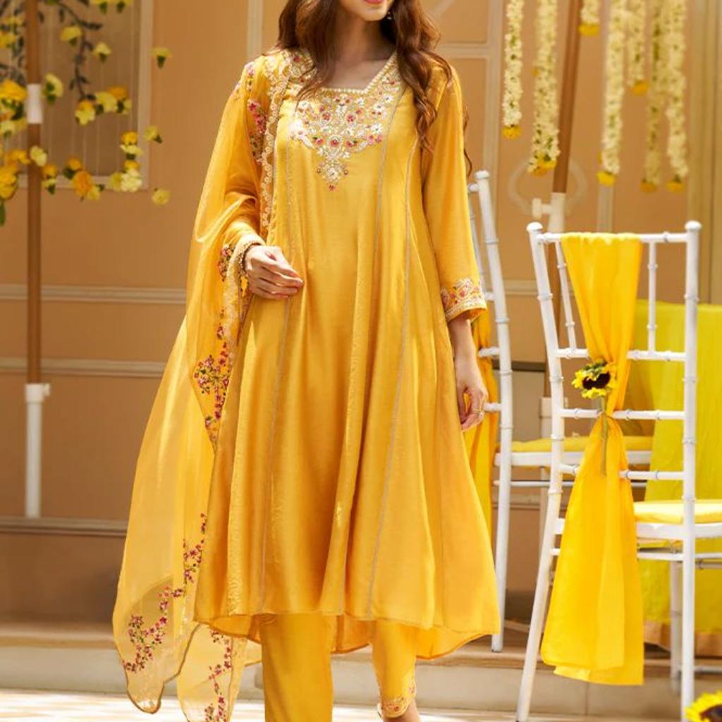 Yellow Floral Embroidered Straight Kurta with Pants and Dupatta Set