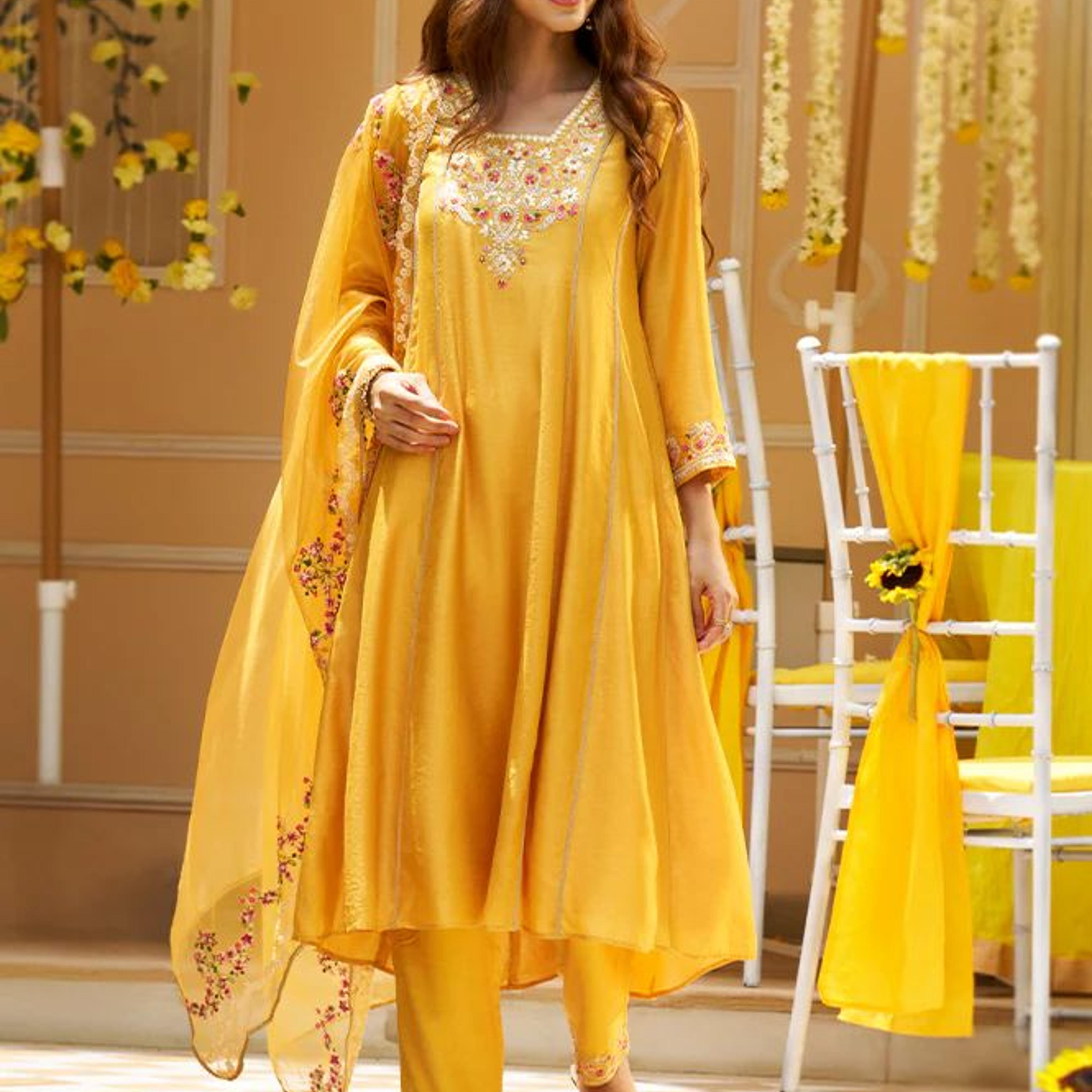 Yellow Floral Embroidered Straight Kurta with Pants and Dupatta Set