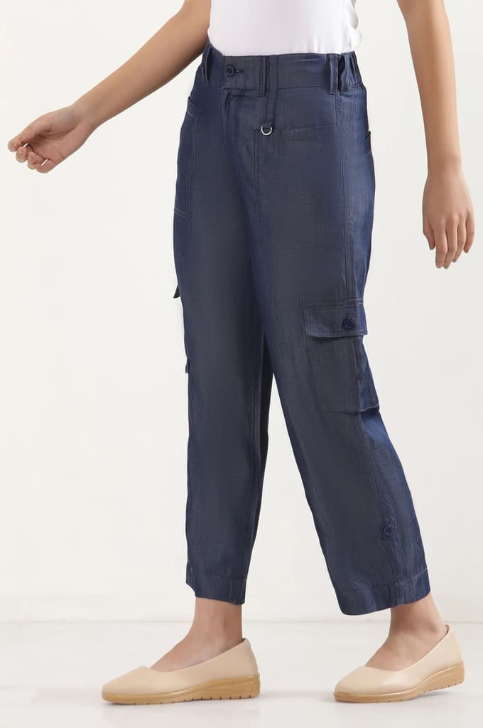 Blue Solid Straight Fit Lyocell Pants With Six Pockets — photo 3