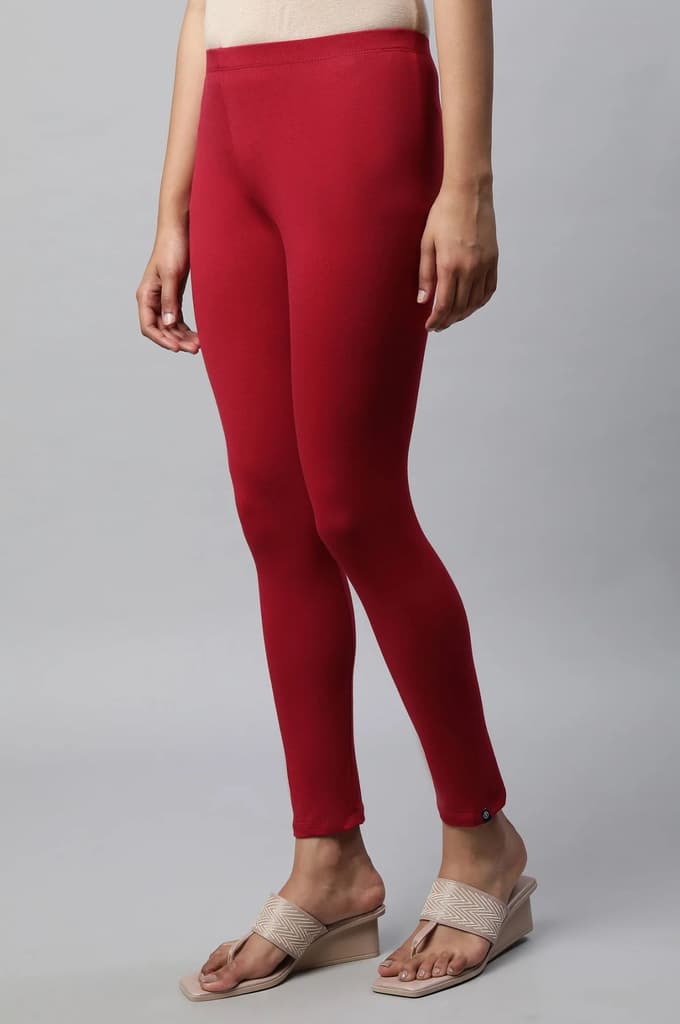 Red Solid Skinny Fit Cotton Tights With Slip On Closure — photo 3