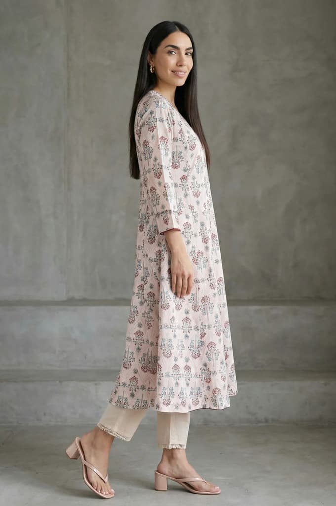 Light Pink Floral Printed Sequins Pure Cotton A-line Kurta — photo 6