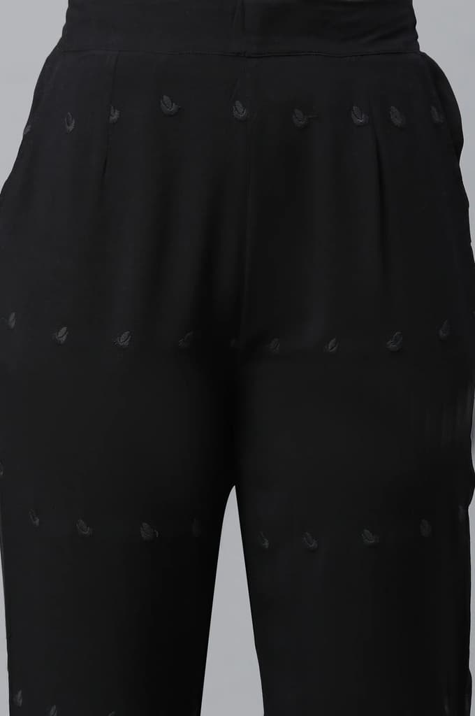 Black Schiffli Embroidered Straight Fit Woven Palazzo With Elasticated Waist — photo 6