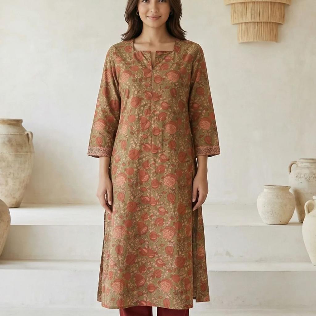 Olive Floral Printed Beadwork Pure Cotton Straight Kurta