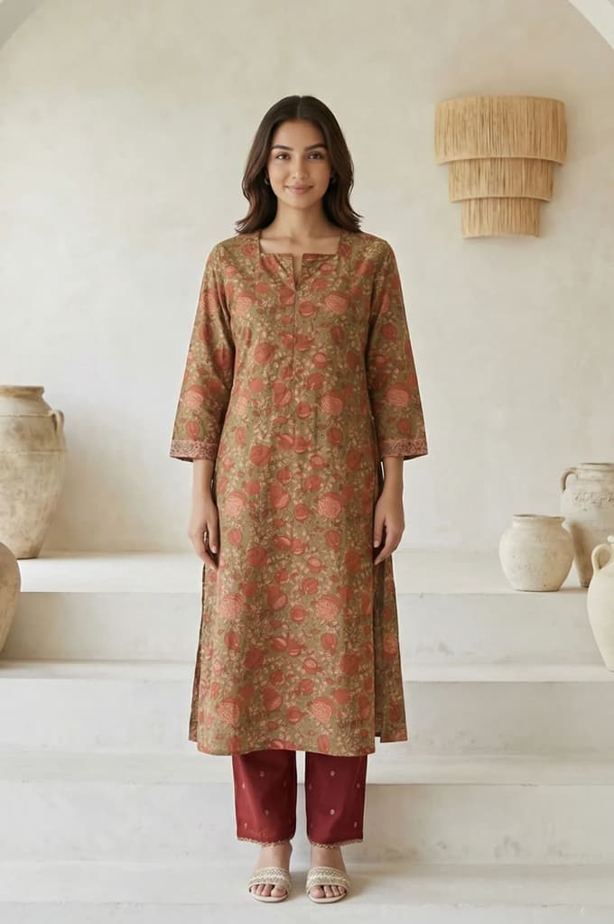 Olive Floral Printed Beadwork Pure Cotton Straight Kurta — XS