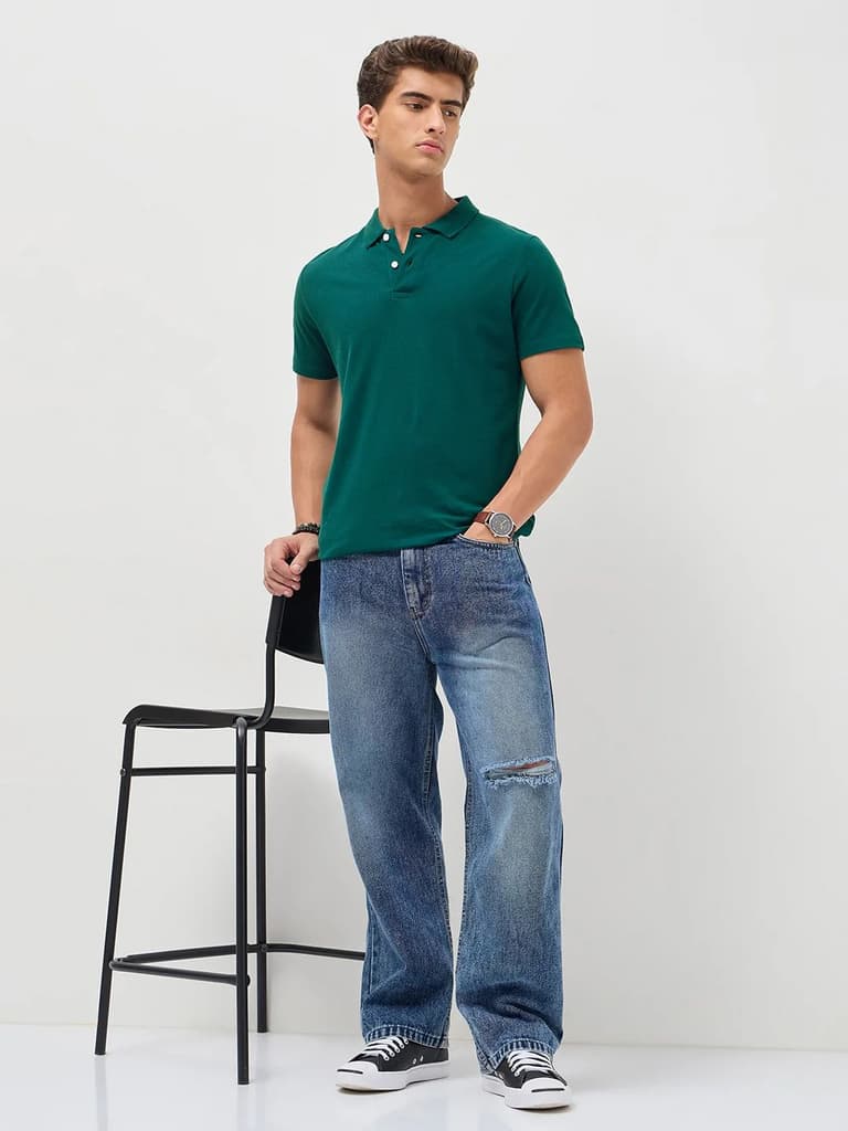 Men's Teal Green Solid Regular Fit Half Sleeve Cotton Polo T-Shirt — photo 4