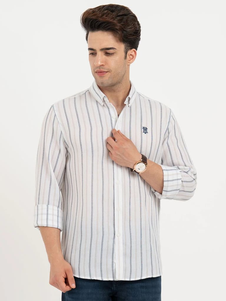 Shirts for Men in White | Striped Full Sleeve Shirt