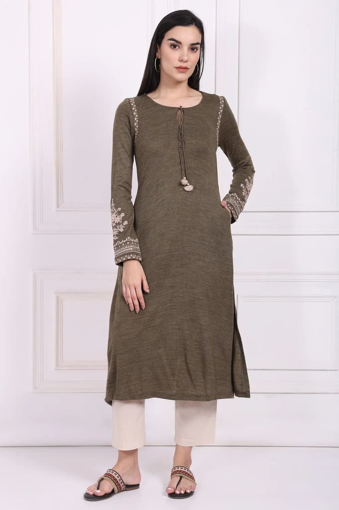 Olive Solid Embroidered Acrylic Straight Kurta — photo 2