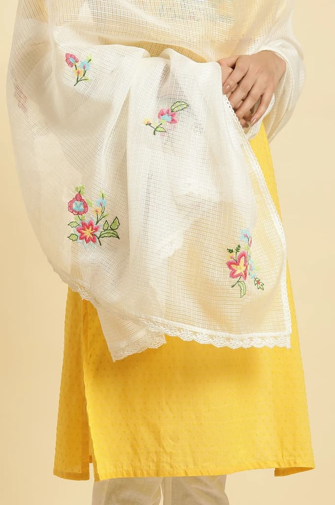 White Floral Embroidered Lace Trim Kota Dupatta — photo 6