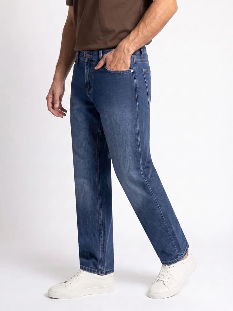 Men's Blue Relaxed Fit Washed Denim Jeans Non-Stretchable — photo 2