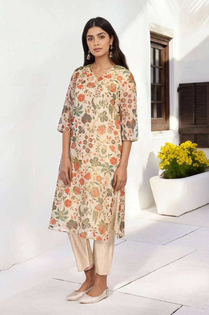 Off-White Floral Printed Straight Tissue Kurta with Straight Pant and Dupatta Set — photo 5