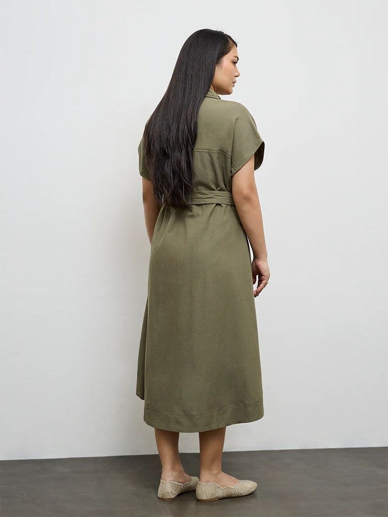 Gia Olive Solid A-Line Dress with Belt — photo 4