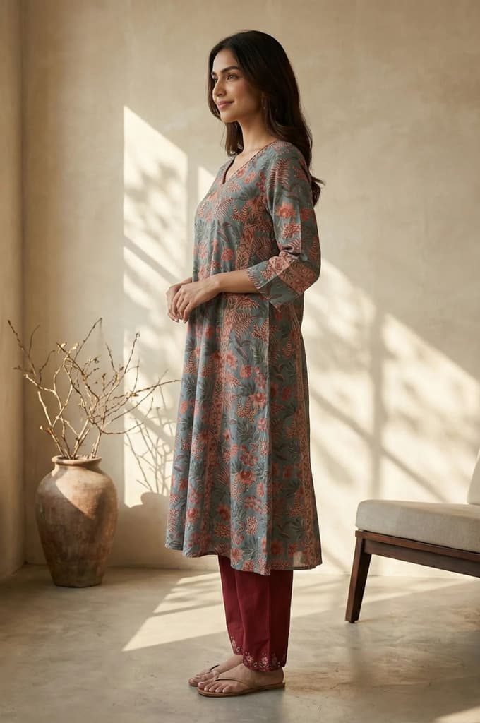 Blue Floral Printed Block Print Mirror work Pure Cotton A-line Kurta — photo 3