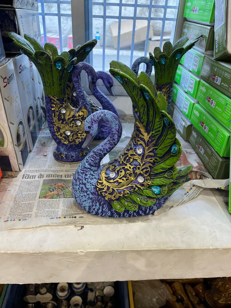 Swan Statue | Decorative | Ceramic | Purple and Green