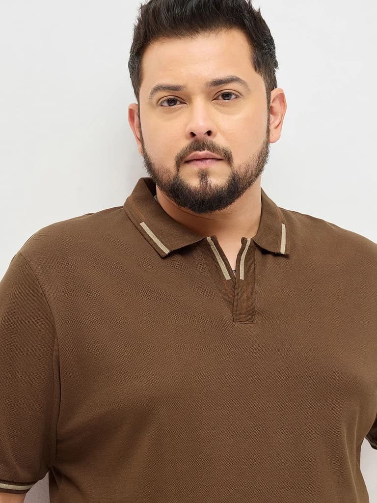 Plus Men's Dark Brown Solid Regular Fit Half Sleeve Cotton Polo T-Shirt — photo 5