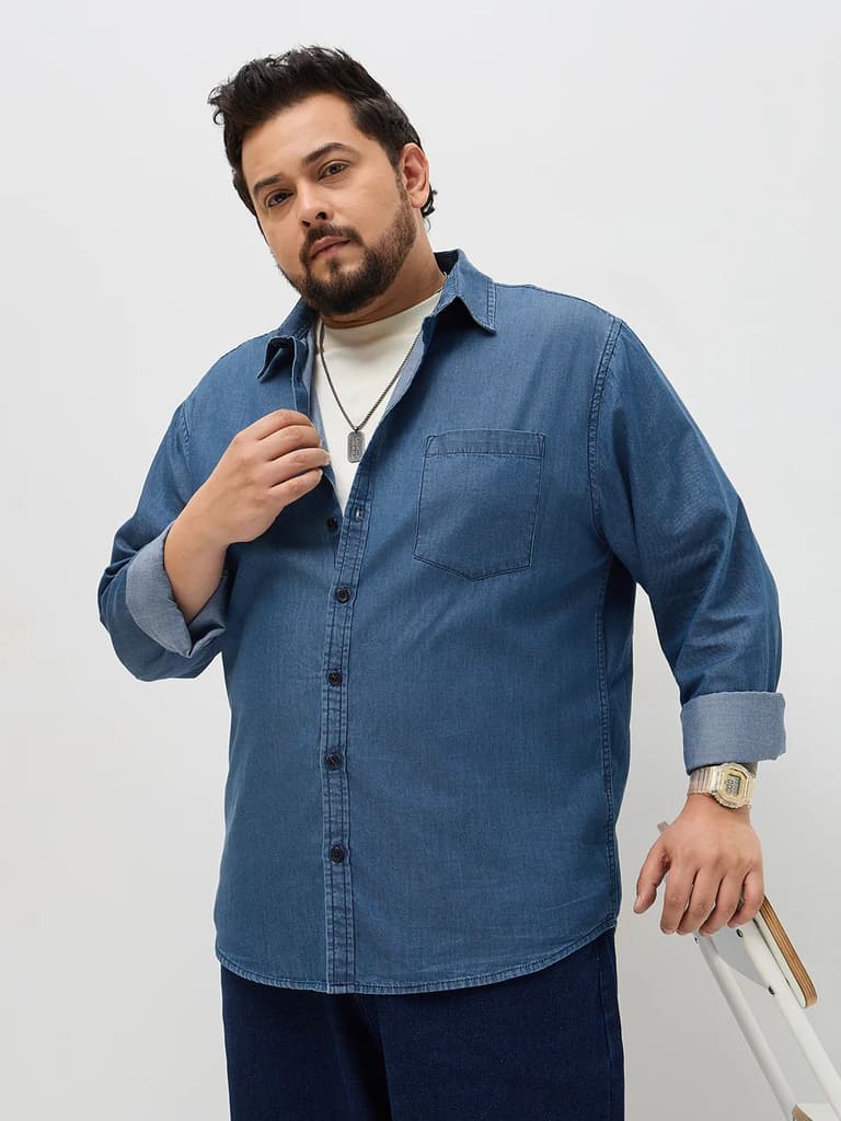 Plus Men's Blue Regular Fit Full Sleeve Solid Denim Shirt — XXL / Blue