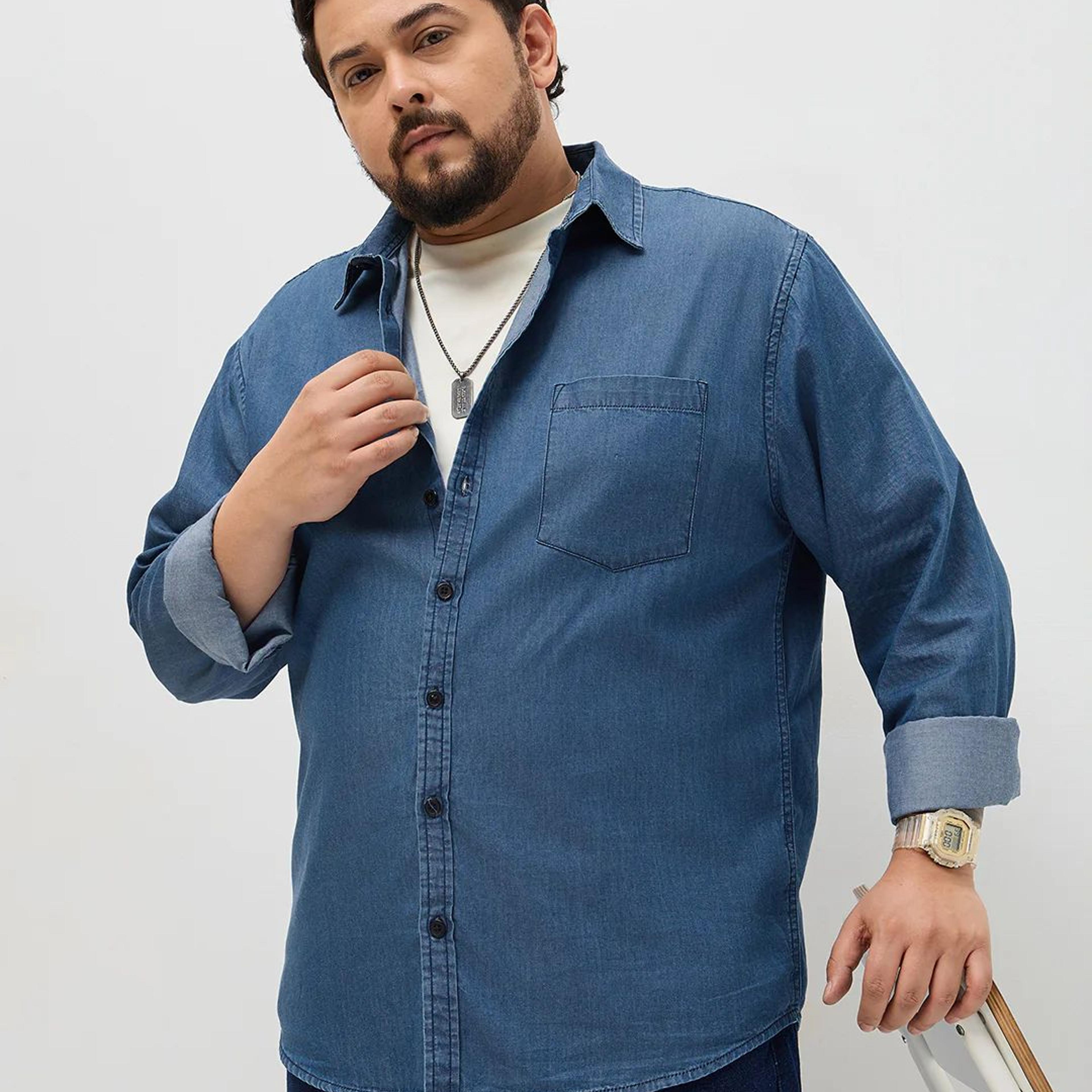 Plus Men's Blue Regular Fit Full Sleeve Solid Denim Shirt