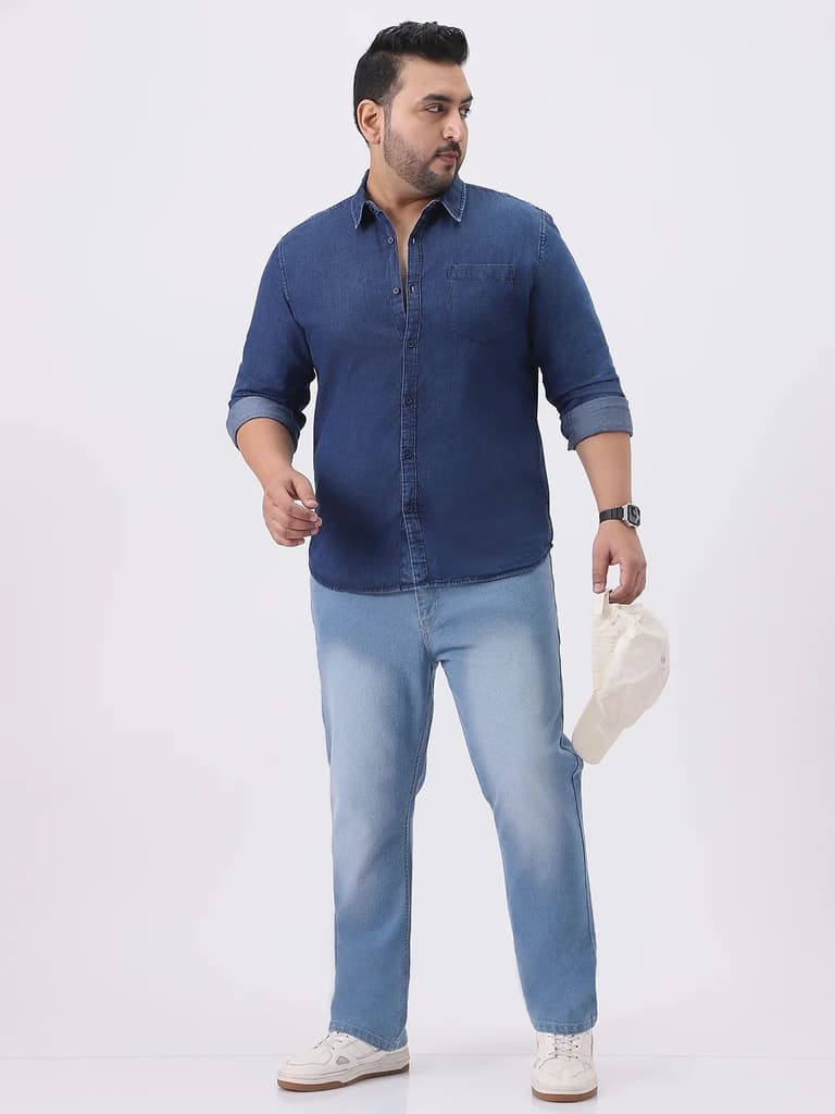 Plus Men's Dark Blue Regular Fit Full Sleeve Washed Denim Shirt — photo 5