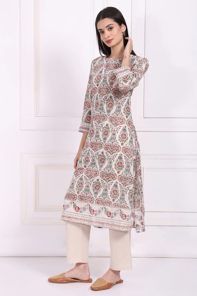 Off-White Floral Printed Pure Cotton Straight Kurta — photo 4