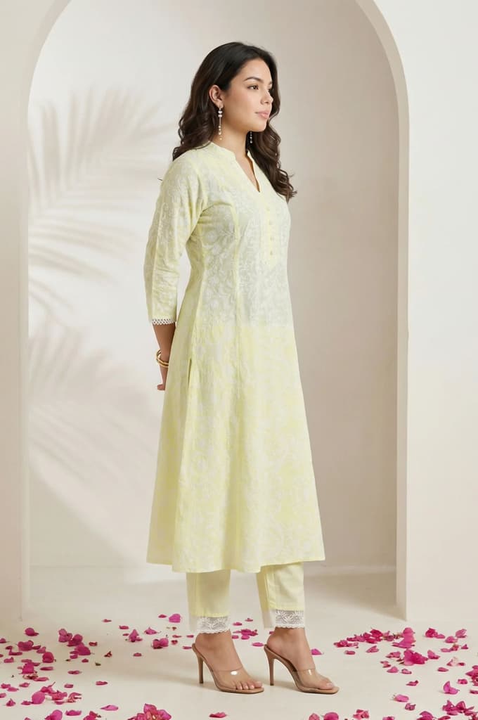 Yellow Floral Printed Lace Pure Cotton Straight Kurta with Straight Pants and Dupatta Set — photo 5