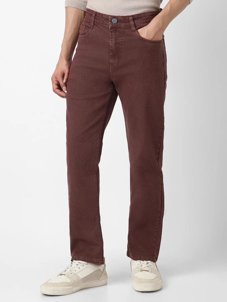 Men's Brown Straight Fit Washed Jeans Stretchable — photo 2