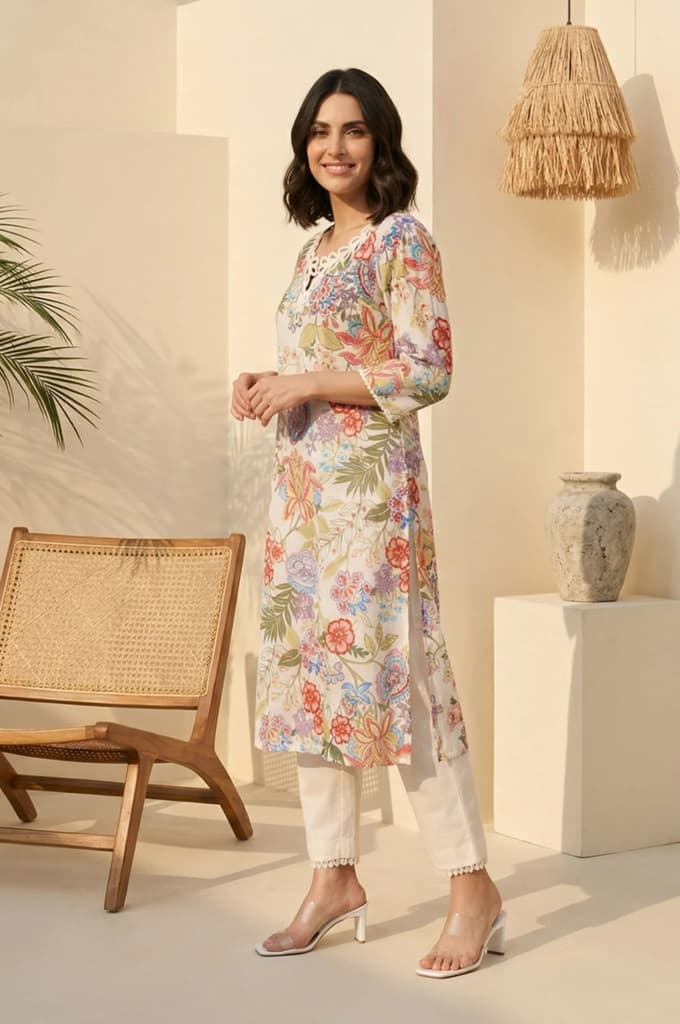 Off White Floral Printed Pure Cotton Straight Kurta with Lace — photo 3