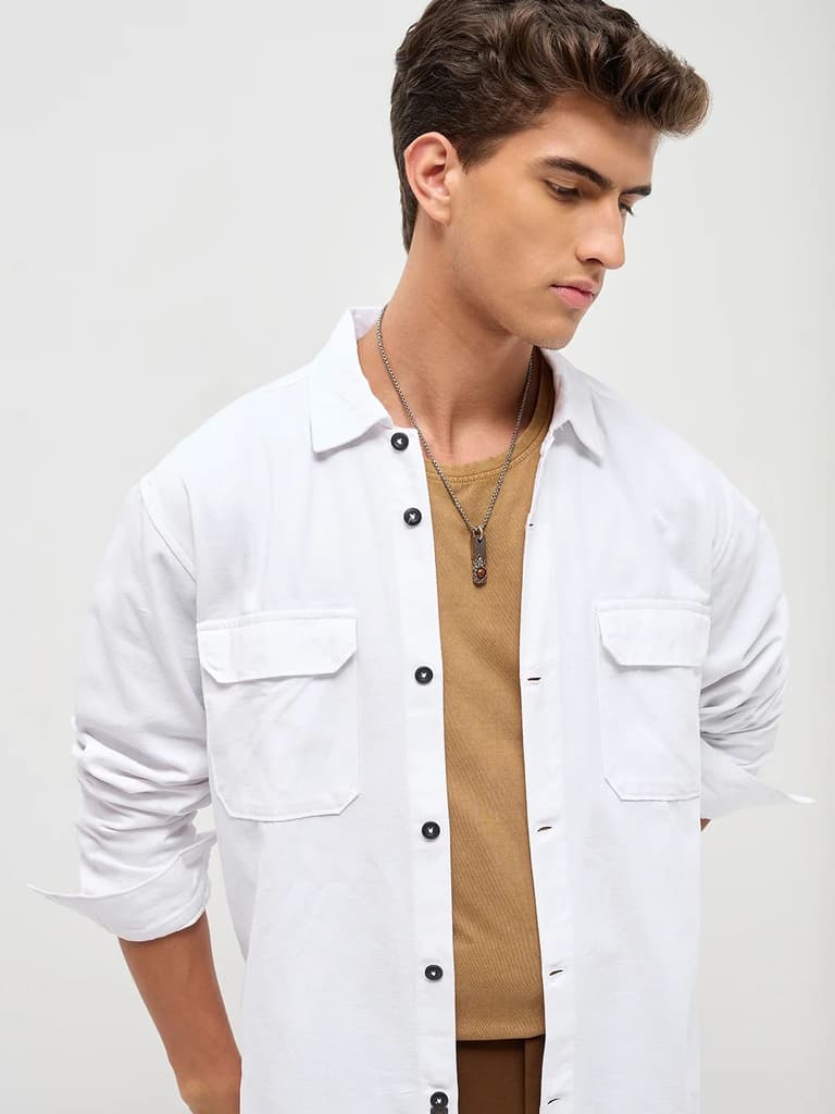 Men's White Cotton Full Sleeve Relaxed Fit Shacket with Utility Pockets — photo 5