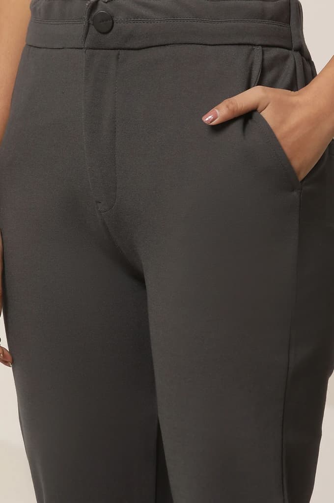 Grey Solid Straight Fit Pants With Button Closure — photo 7