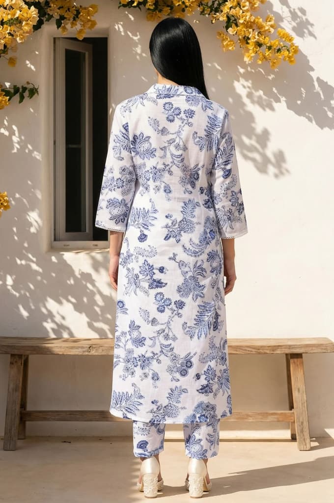 White Floral Printed Pure Cotton Straight Kurta with Straight Pant Set — photo 4