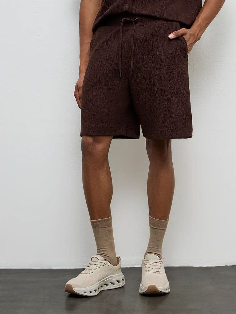 Nuoflexx Dark Brown Textured Relaxed-Fit Mid-Rise Cotton-Blend Shorts — photo 2