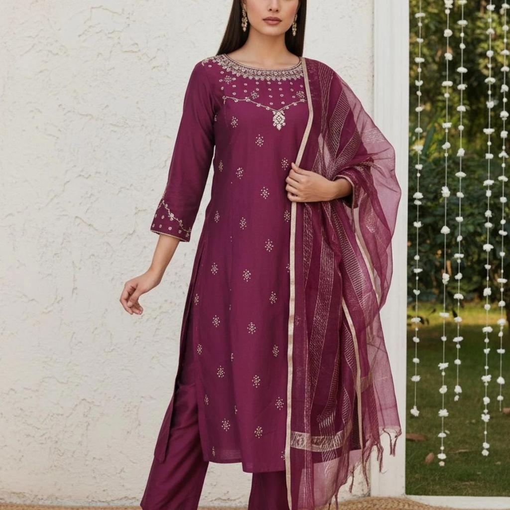 Wine Embroidered Straight Silk Blend Kurta with Straight Pant and Dupatta Set