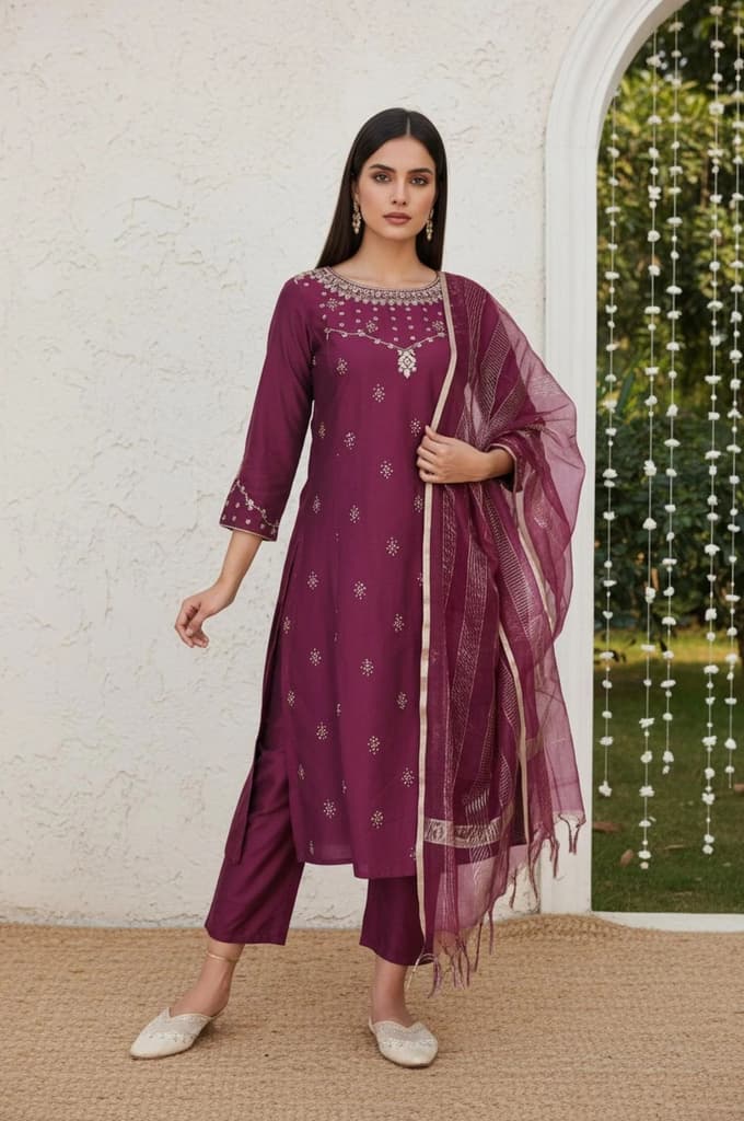 Wine Embroidered Straight Silk Blend Kurta with Straight Pant and Dupatta Set — XS