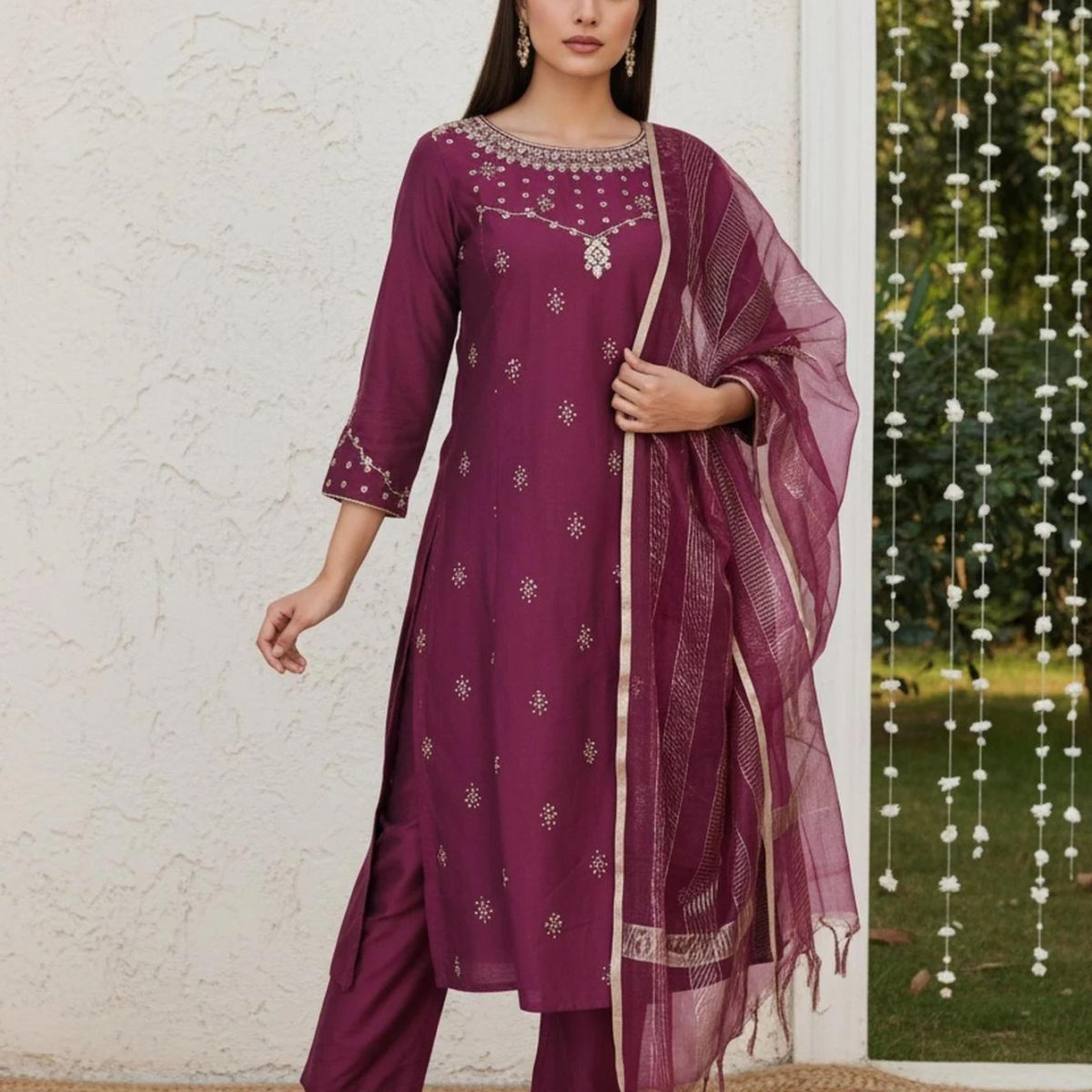 Wine Embroidered Straight Silk Blend Kurta with Straight Pant and Dupatta Set