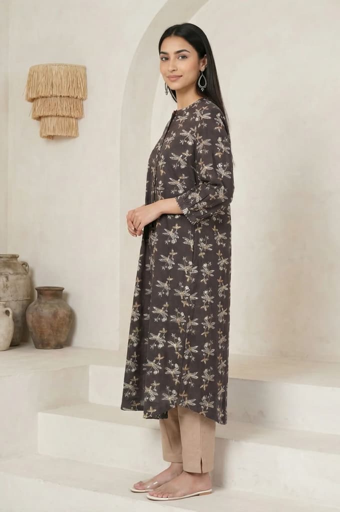 Charcoal Botanical Printed Pure Cotton Pleated Kurta — photo 3