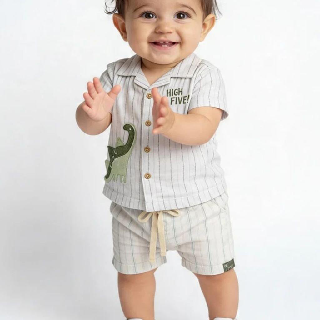 HOP Baby Boys White Striped Cotton Shirt and Shorts Set